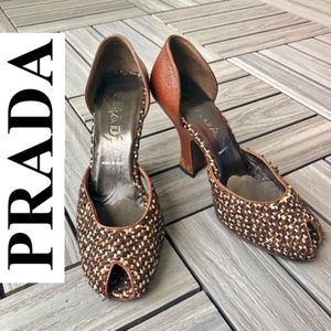 PRADA | Gorgeous Brown Leather Tweed Heels